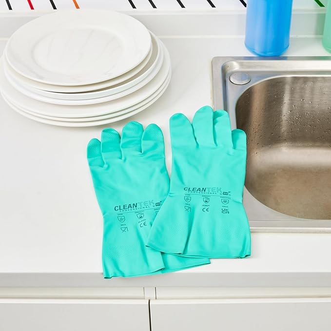 Restaurantware Green Cleaning Gloves 10 Pairs 15 Mil Thick Extra Large Heavy-Duty Nitrile Gloves With Long Cuff No-Latex Flock Lining For Use In Hospitals, Commercial Kitchens and Households