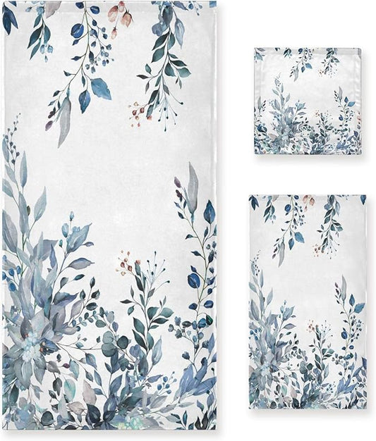 Blue Eucalyptus Bath Towel Set, 3 Piece Watercolor Blue Leaf Floral Spring Set, Absorbent Microfiber Decorative Towels for Hair, Face