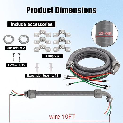 1/2Inch Power Whips Assembly, 10FT Nonmetallic Liquid Tight Flexible Conduit Wire with 3 Conductors 10 Gauge THHN Electrical Wires, A/C Hook-up Whip Kit Electrical Wire(10FTx1/2Inch)