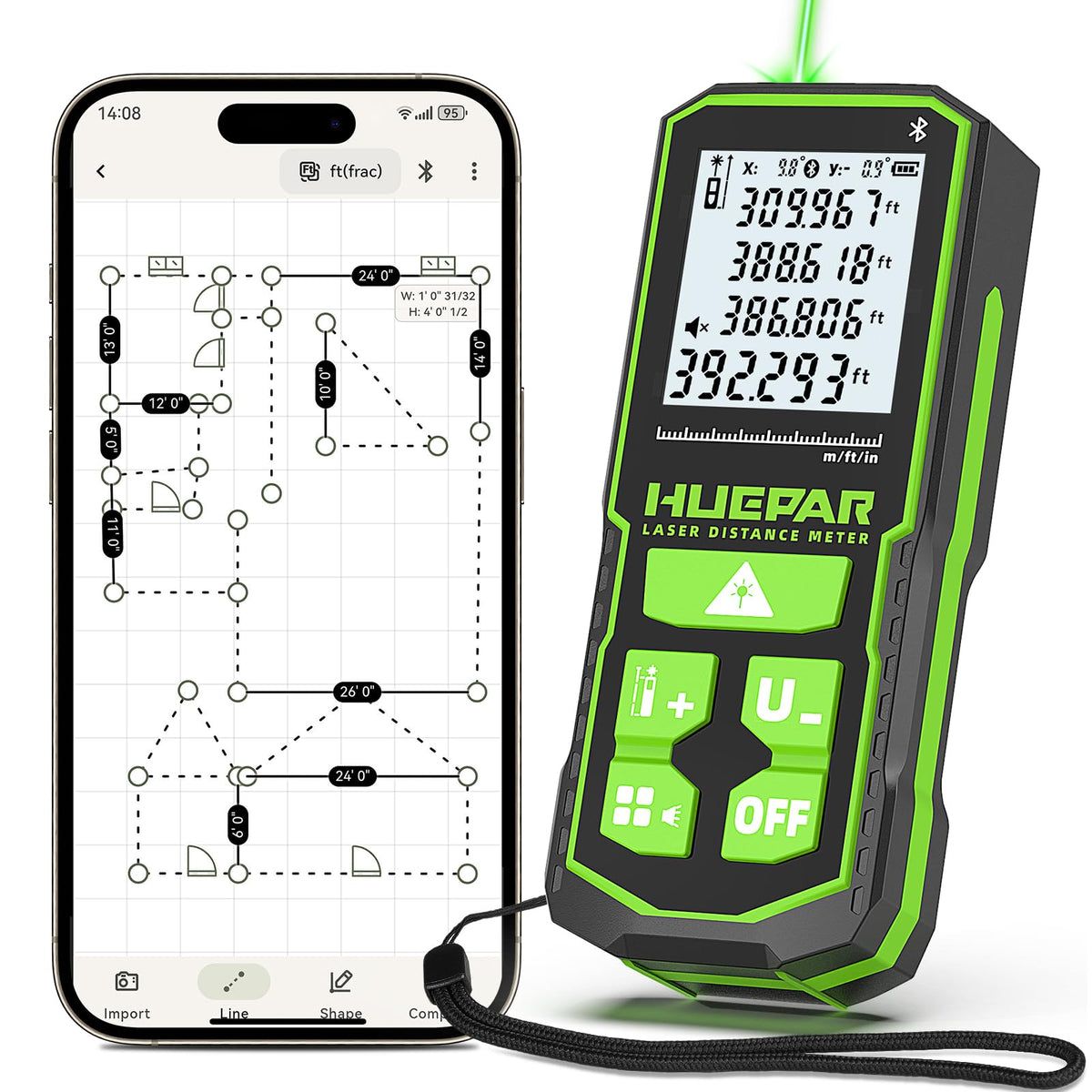 Huepar Bluetooth Green Laser Measuring Tool 395FT, S120-G-BT - Image 1