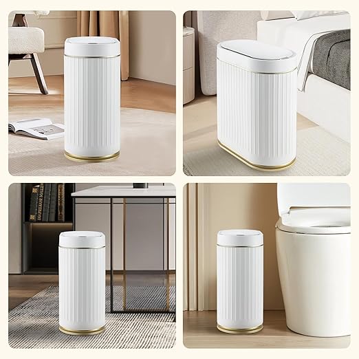 ELPHECO Bathroom Trash Can with Lid 2 Gallon Motion Sensor Garbage Can 7.5 Liter Small Trash can Touchless Bathroom Decor Waterproof Smart Waste Bin with Stripes for Bedroom, Office (White-Golden)