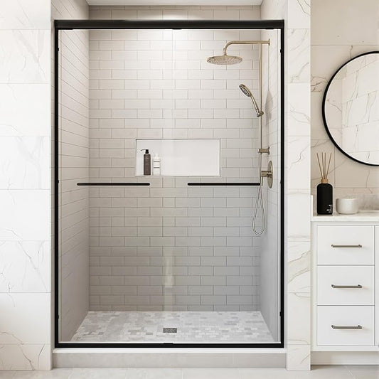 Glass Shower Door 44-48" W x 72" H Semi-Frameless Double Sliding Bathroom Shower Doors with 1/4 inch Clear Tempered Glass for Walk-in Shower, Matte Black