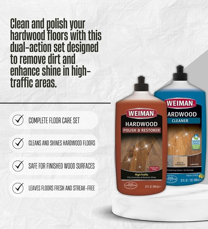Weiman High Traffic High Gloss Hardwood Floor Polish & Restorer 32 oz & Weiman Professional Citrus Scent Hardwood Cleaner 32 oz Bundle with Microfiber Cloth – Floor Care and Shine – Gift Set (3 Items)