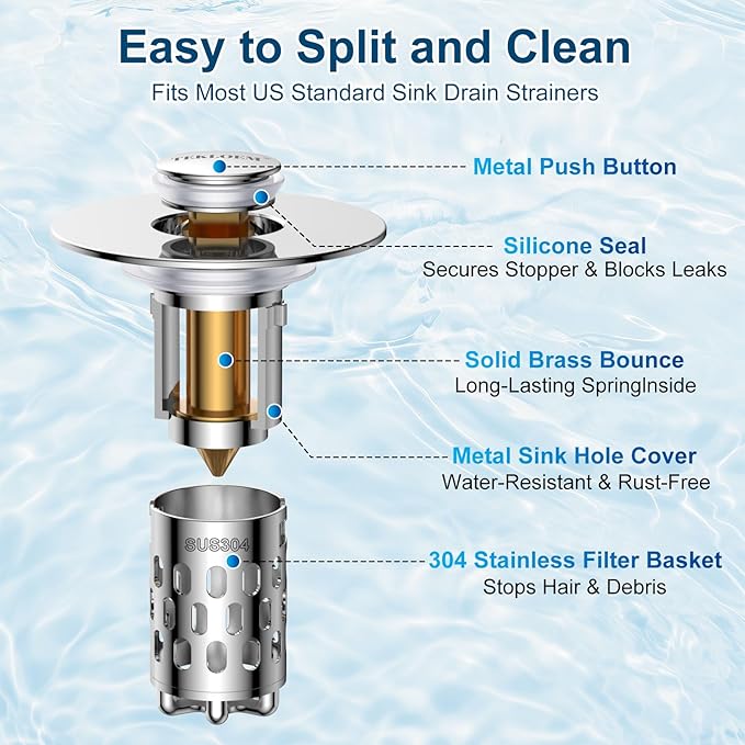 Bathroom Sink Stopper,All Metal Pop-Up Sink Drain Strainer with Removable Stainless Steel Filter Basket, Universal Bathroom Hair Catcher Fit for 1.1-2.36'' Drain (Silver, 2 Pack)
