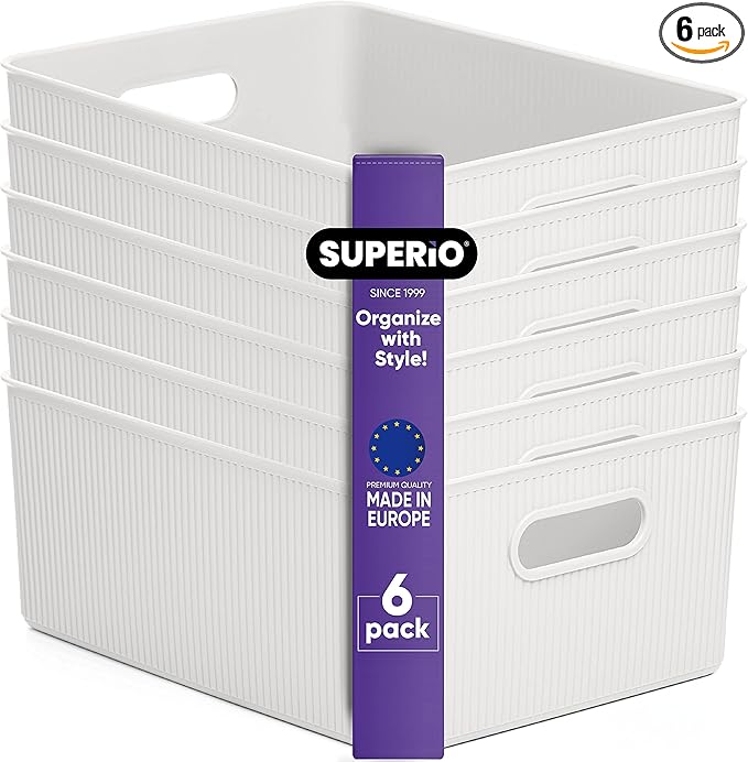 Superio Ribbed Collection - Decorative Plastic Basket Open Home Storage Bins Organizer, Large White (6 Pack) Container Boxes for Organizing Closet Storage Bins for Shelves 15 Liter/16 Quart