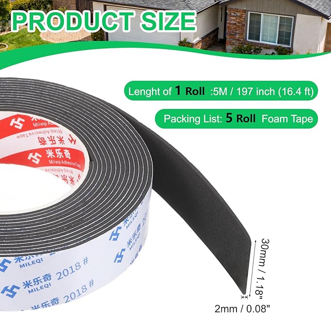 PATIKIL 5Roll Sponge Rubber Foam Tape, 1 3/16" W x 5/64" t x 16.4ft l Self-Adhesive Foam Insulation Tape Weather Stripping for Window Door Soundproofing Weatherstrip AC Seal Strip, Black