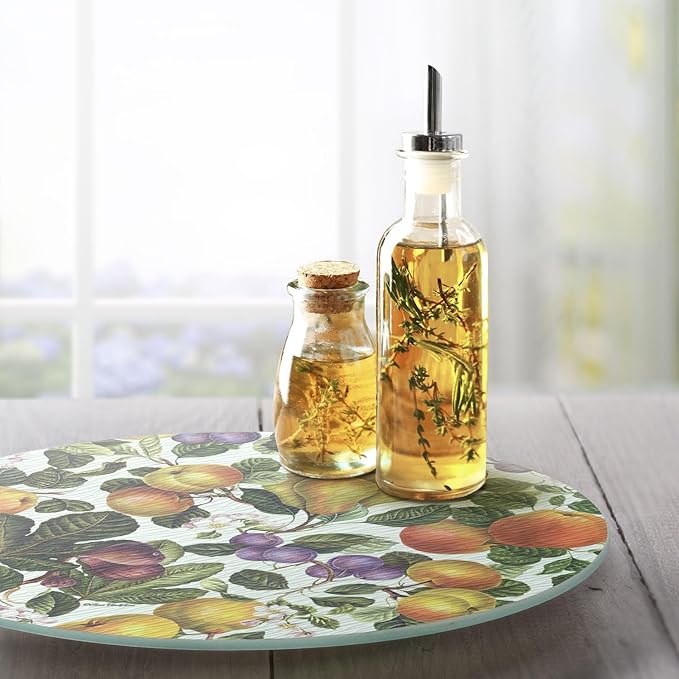 CounterArt Fruit Blossoms 4mm Tempered Glass Lazy Susan Turntable 13" Round Condiment Caddy Cake Plate Pizza Stand