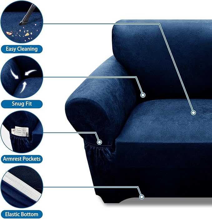 Loveseat Sofa Slipcover Leather Look Couch Covers for 2 Seater Couch Sofa 1-Piece Sofa Cover Stretch Furniture Protector with Elastic Bottom & Pockets(Loveseat, Navy)