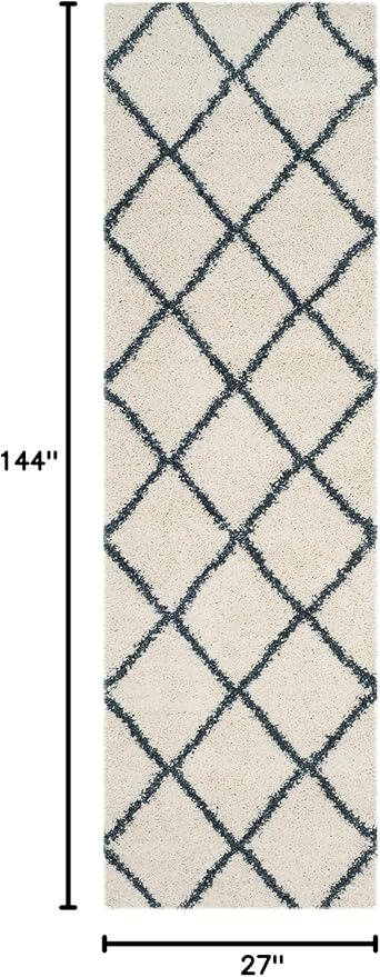 SAFAVIEH Hudson Shag Collection Runner Rug - 2'3" x 12', Ivory & Slate Blue, Trellis Design, Non-Shedding & Easy Care, 2-inch Thick Ideal for High Traffic Areas in Living Room, Bedroom (SGH281T)