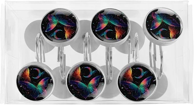 12 Packs Starry Sky and Fantasy Butterfly Shower Curtain Hooks, Stainless Steel Glass Shower Curtain Rings for Bathroom Decor, Metal Rustproof Curtain Rod Hooks