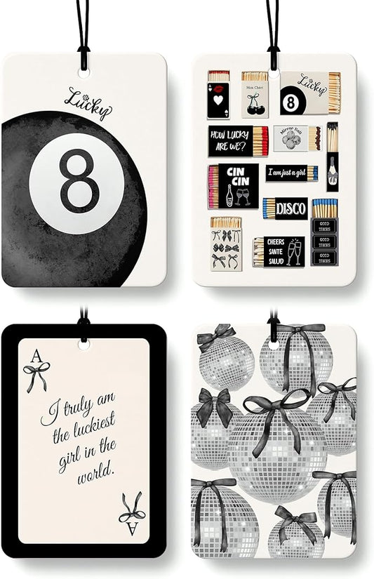 Black Preppy Car Air Freshener 4 Pcs, Trendy Retro Ace Card Lucky 8 Ball Disco Ball Hanging Air Freshener for Cars Closet Drawer Books, Girly Car Accessories Mirror Decor for Women