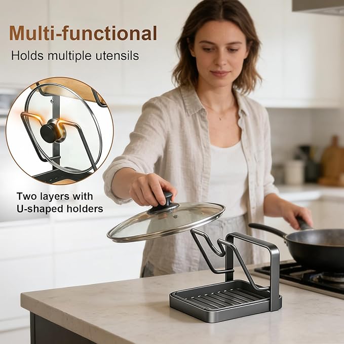 Pot Lid Holder,304 Stainless Steel Pot Lid Holder While Cooking,Kitchen Pot Lid Storage Rack, Removable Drip Tray, Multifunctional Kitchen Organizer Stand for Countertop (Gray, Double-layer)