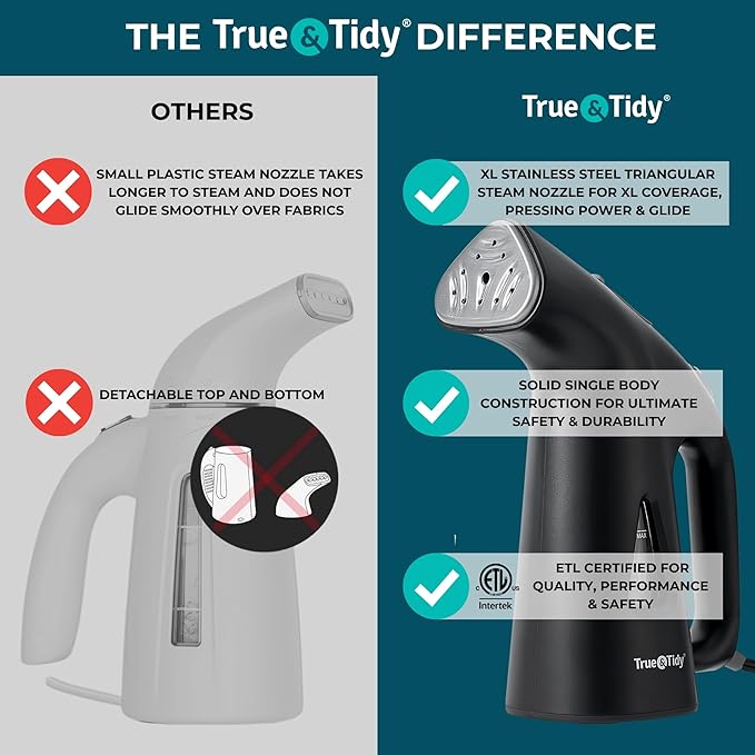 True & Tidy® Handheld Garment Steamer for Clothes with Water Cup Accessory, Portable Travel Steam Iron, Stainless Steel Plate up to 10 mins of Continuous Steam, 800 Watts, Black