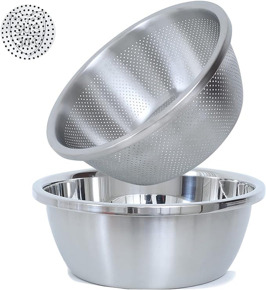 304 Stainless Steel Microporous Colander, 5QT Large Capacity with Mixing Bowl For washing vegetables, fruit and rice and for draining cooked pasta(2PC)