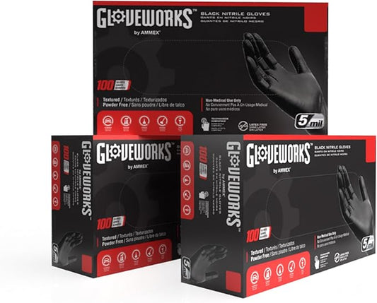 GLOVEWORKS Black Nitrile Gloves 5 Mil Disposable, Latex Free, Textured Grip for Food Service, Cooking, Professional Cleaning