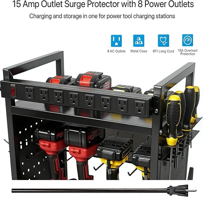 Power Tool Organizer Cart with Charging Station, 4-Tier Rolling Tool Cart for Garage Storage,Heavy-Duty Floor-Standing Storage Rack with 8-Outlet Power Strip,Supports 500 lbs