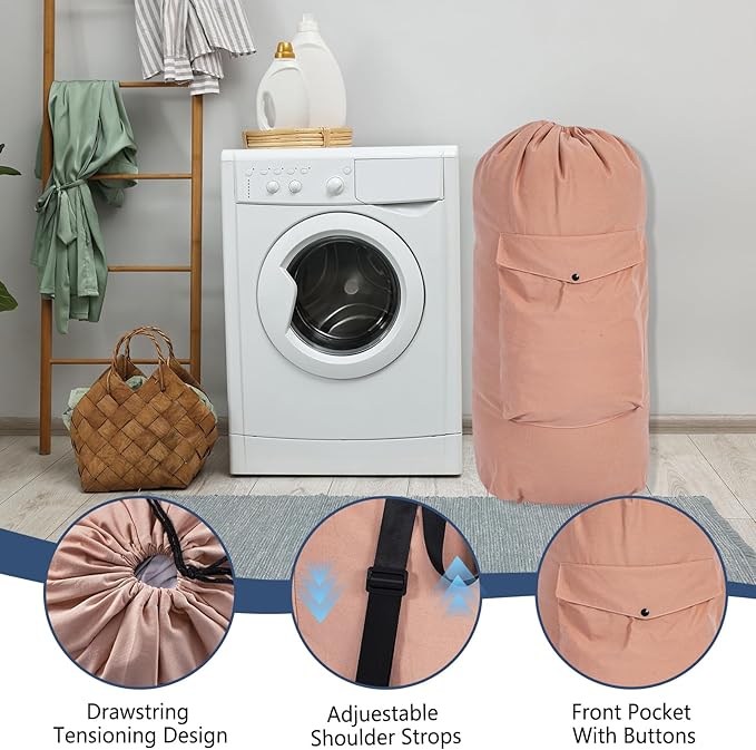 Sanlykate Canvas Backpack Laundry Bag - Extra Large Durable Dirty Clothes 2-3 Days Capacity with Adjustable Shoulder Strap & Front Pocket, for College Dorm, Apartment, Laundromats, Camping Travel
