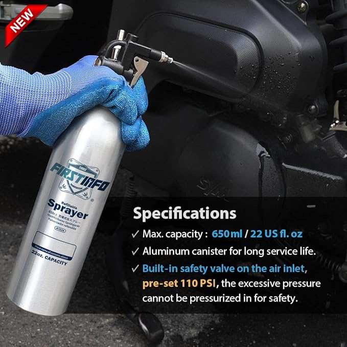 FIRSTINFO A1634 Patented Max. Pressure 110 psi 650ml Aluminum Canister Aerosol Refillable Fluid Storage Spray Can/Pneumatic Compressed Air Sprayer