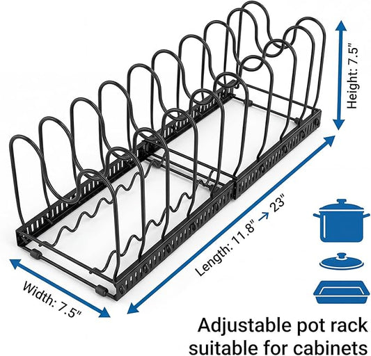 Expandable Pot Rack Organizer for Cabinet, Wave Slot Carbon Steel Pot & Pan Holder with 10 Adjustable Slots, Heavy Duty Cookware Storage for Pans, Lids, Bakeware, Countertop or Under Sink, Black