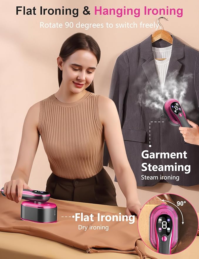 Travel Garment Steamer for Clothes with LED Display, 1200W Portable Handheld Steamer ＆ Iron 2 In 1, 10s Fast Heat Up, Large Ceramic Heat Panel, All-Fabric Quick Wrinkle Remover