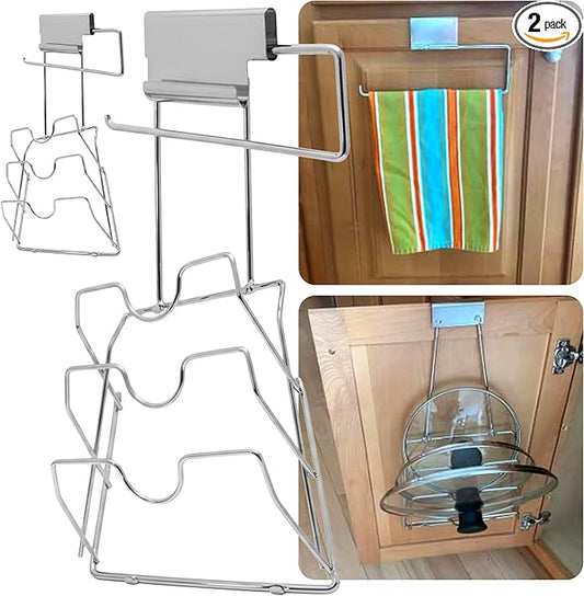 Evelots 2-in-1 Pot Lid Organizer with Towel Holder - 2 Pack, 3-Tier Cabinet Door Rack - Space-Saving Kitchen Organizer for Glass or Metal Pan Lids & Towels - Over the Door Design - Chrome