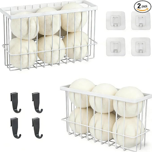 2 Pack Magnetic Basket, Dryer Ball Holder for Laundry Room Organization, Magnetic Lint Bin Storage Wool Dryer Balls and Socks, Lron Dryer Ball Container for Laundry Room Storage, White (No Balls)