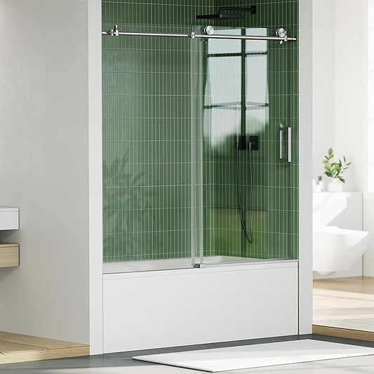 Frameless Bathtub Shower Door, 56–60 inch W x 59 inch H Sliding Tub Door, 6mm Tempered Glass, Stainless Steel Round Rail & 55 Rollers, One Fixed and One Sliding Panel, Brushed Nickel