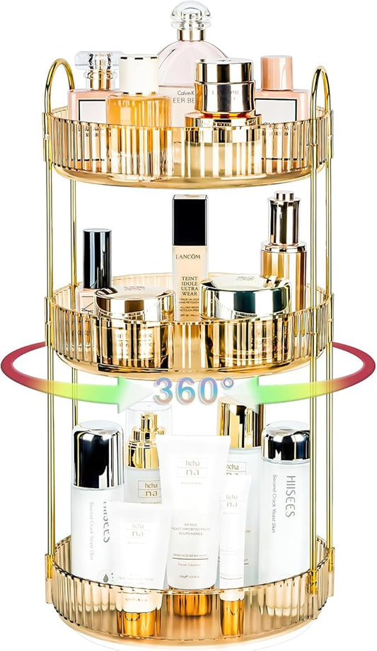 360 Rotating Makeup Organizer - Large Capacity Spinning Perfume & Cosmetic Skincare Holder for Vanity & Countertop (Vibrant Orange, 3 Tier)