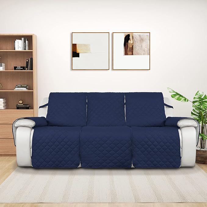 PureFit Water Resistant Reversible Sofa Covers for Reclining Sofa 3 Seat - Non Slip Split Recliner Couch Cover for 3 Cushion Couch, Washable Furniture Protector for Kids, Dogs (3 Seat, Navy/Ivory)