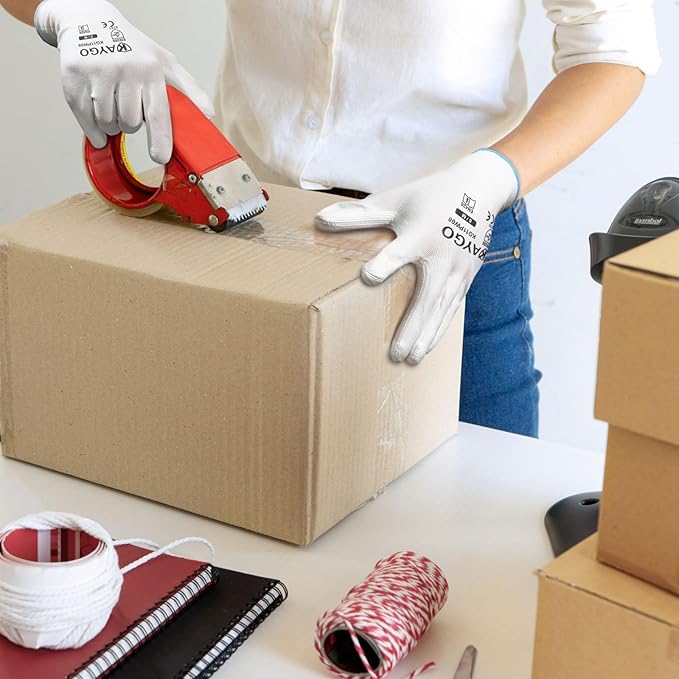 KAYGO Work Gloves for Men and Women, 12 Pairs Seamless Knit PU Coated Safety Gloves, with Smooth Grip on Palm and Fingers, Ideal for Light Warehouse, Manufacturing, Gardening, KG11P (XL, White)