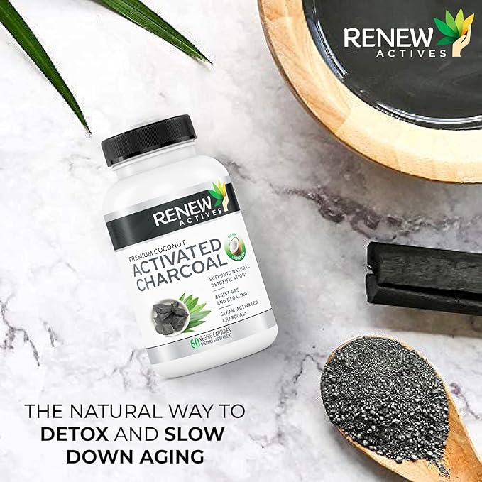 Renew Actives Activated Charcoal Supplement 1100MG per 2 Capsules - Digestive Support & Teeth Whitening Formula, No Artificial Ingredients - Made in Canada - 60 Capsules