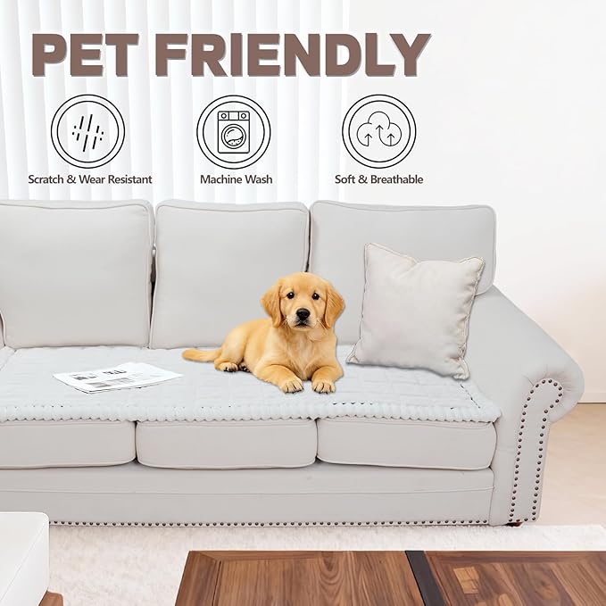 Waterproof Couch Cover for Dogs Washable,Non Slip Fuzzy Durable Couch Covers for 3 Cushion Sofa Pet Friendly Sofa Cover Dog Thick Soft Slipcovers Protector Couches Mat Bed (White, 27.6" x 82.7")