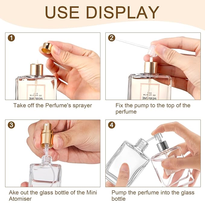 Domensi 30 Pcs 15 ml Glass Perfume Bottles Mini Glass Empty Spray Atomizer Bottles Bulk Refillable Small Perfume Dispenser Container with Pump Tool for Travel Plants Hair Cleaning Skin Care(Gold)