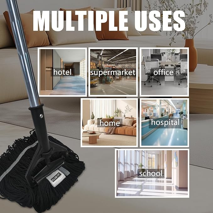 Commercial Cotton Mop Heavy-Duty Industrial with 2 Replacement Heads 152 cm Handle Replacement mop Head (Black)