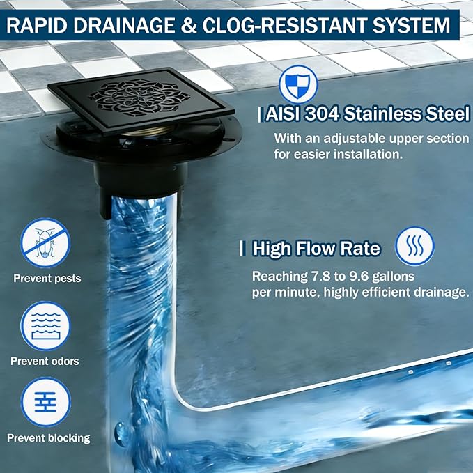 6 Inch Shower Drain, Square Shower Floor Drain Kit with Flange and Removable Cover Grate, AISI 304 Stainless Steel, Matte Black