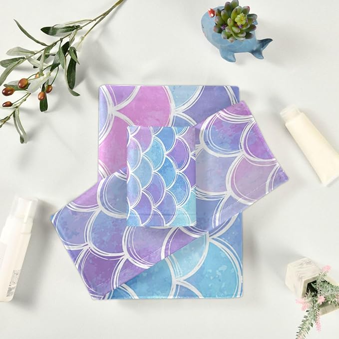 Pfrewn Magic Pink Blue Mermaid Scales Towels Set of 3 Rainbow Marble Galaxy Bathroom Towel Soft Absorbent Bath Hand Towels Washcloth Guest Towel Sets Bathroom Decorations