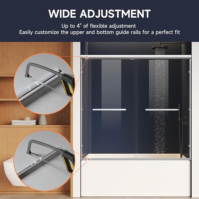 Bathtub Shower Door, 50-60" W x 57" H Shower Glass Door, Semi-Frameless Double Sliding Bathroom Tub Shower Door with 1/4 inch Clear Tempered Glass, Chrome
