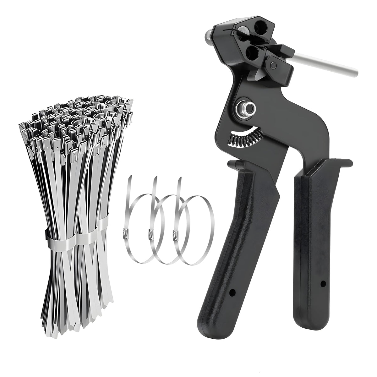 Stainless Steel Cable Tie Gun Black Kit, 100 Pack Metal Zip Ties - Image 1