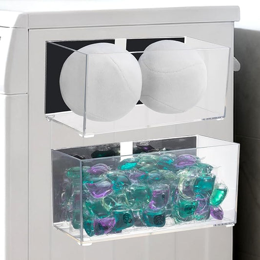 CINPIUK Magnetic Dryer Ball Holder for Laundry Room Organization, Clear Lint Bin with Adhesive Hook, Iron Dryer Ball Container Box for Laundry Room, Office, Bathroom & Craft Supplies, 2Pcs