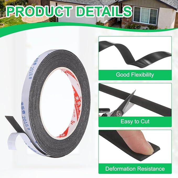 PATIKIL 5Roll Sponge Rubber Foam Tape, 3/8" W x 1/32" t x 16.4ft l Self-Adhesive Foam Insulation Tape Weather Stripping for Window Door Soundproofing Weatherstrip AC Seal Strip, Black