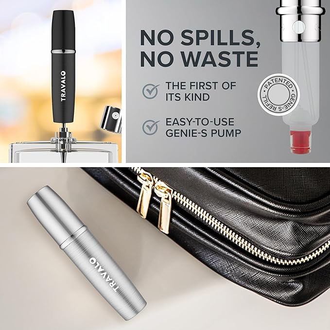 Travalo Lux Perfume Atomizer Gift Set Black & Silver - 2 Pc Leak-Proof, Airtight, Easy to Fill Mini Spray Bottles - Travel Size Perfume Refill Bottle with Polished Metal Alloy Outer Shell
