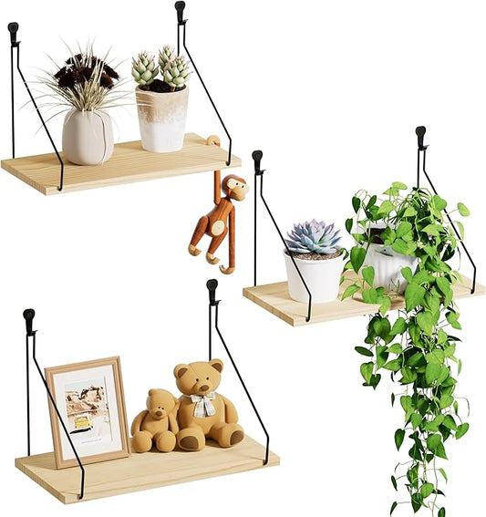 Elevate Your Space with Rustic Wood Floating Shelves Set of 3- Perfect for Bedroom, Living Room, Bathroom, and Kitchen Decor - Easy Installation, No Drilling Needed!