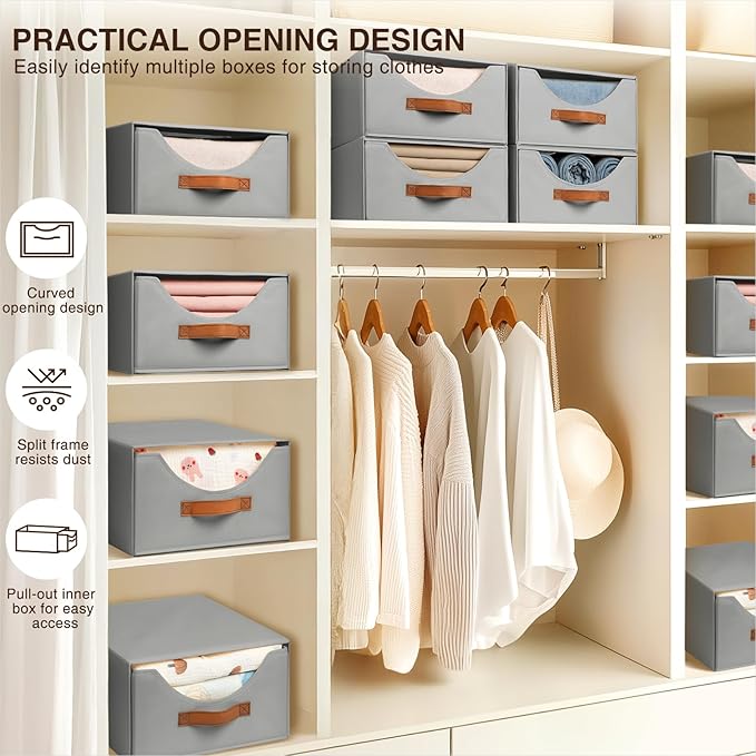 Stackable Storage Drawers - Collapsible Storage Bins with Drawers, 8 Pack Closet Shelf Organizer Basket, Fabric Pull Out Organizer for Bedroom, Living Room, Dorm, Grey