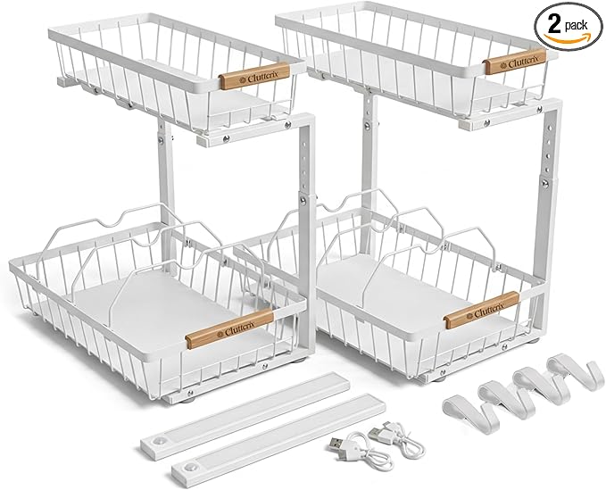 Under Sink Organizer, 2 Pack, 2 Tier Sliding L-Shaped Carbon Steel Rack with Adjustable Height, Motion-Activated LED Lights, Dividers & Hooks (White)