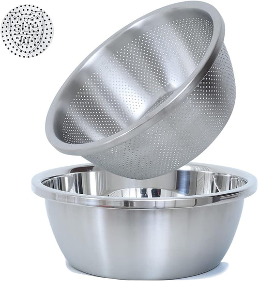 304 Stainless Steel Microporous Colander, 1.5QT Large Capacity with Mixing Bowl For washing vegetables, fruit and rice and for draining cooked pasta(2PC)