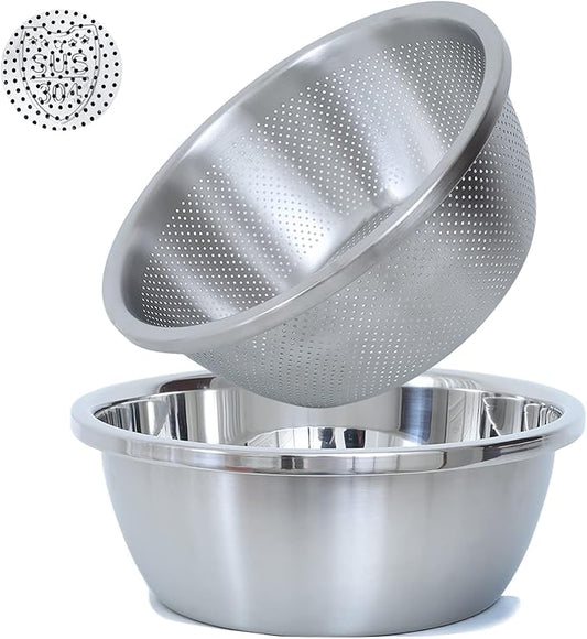 304 Stainless Steel Microporous Colander, 2.5QT Large Capacity with Mixing Bowl For washing vegetables, fruit and rice and for draining cooked pasta(2PC)