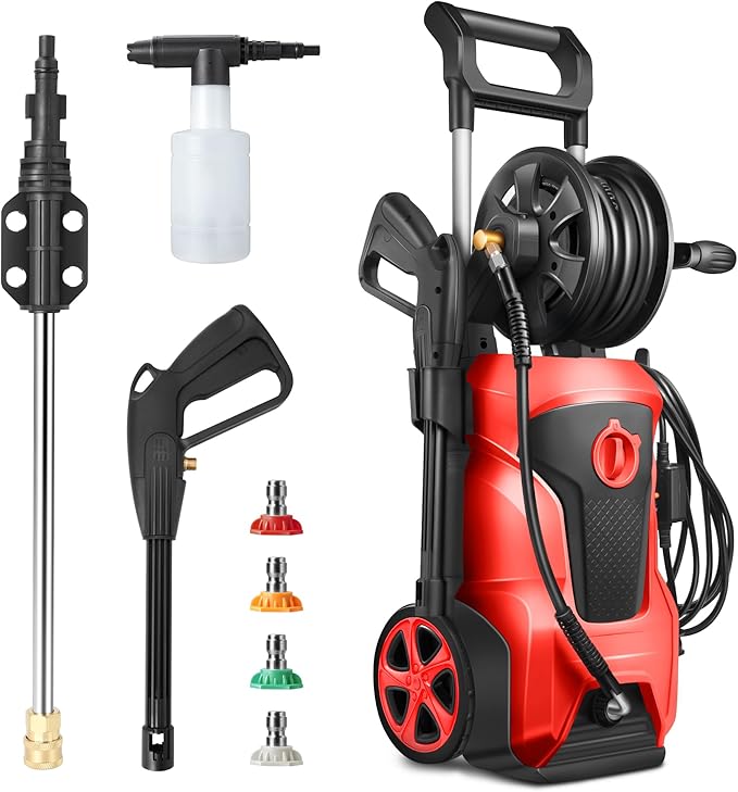 DNA Motoring TOOLS-00229 Up to 2176 PSI Pressure 2.4 GPM Max Flow Electric Pressure Washer for Yard and Car Cleaning with Spray Nozzle Foam Bottle + 4 Turbo Nozzles IPX5 Driveway Patio Deck(Red)