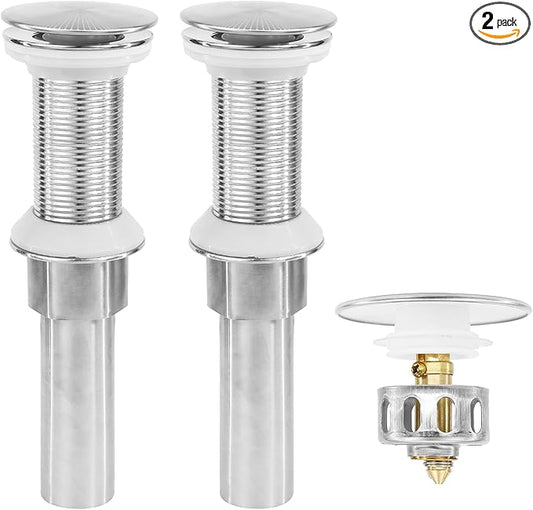 Bathroom Sink Drain,2 Pack Drain Stopper Without Overflow,Pop Up Drain Assembly with Detachable Strainer Basket,Built-in Anti-Clogging, Stainless Steel Nut Brushed Nickel