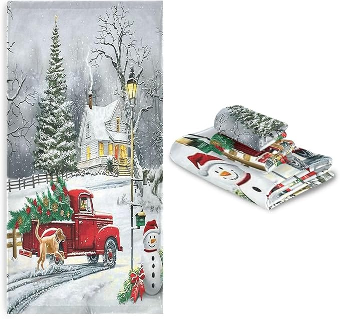 Pfrewn Red Xmas Tree Truck Winter Snowflake Dog Towels Set of 3 Christmas Winter Bathroom Towel Soft Absorbent Bath Hand Towels Washcloth Guest Towel Sets Merry Christmas Xmas Bathroom Decor Gifts