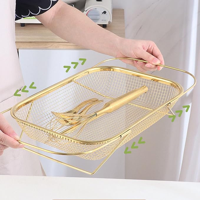 Over the Sink Colander, Expandable Baskets with Fine Mesh Strainer Handle Stainless Steel Rectangle Kitchen Colanders for Strain Drain Rinse Fruits Vegetables Pasta New Home Essentials (Gold)